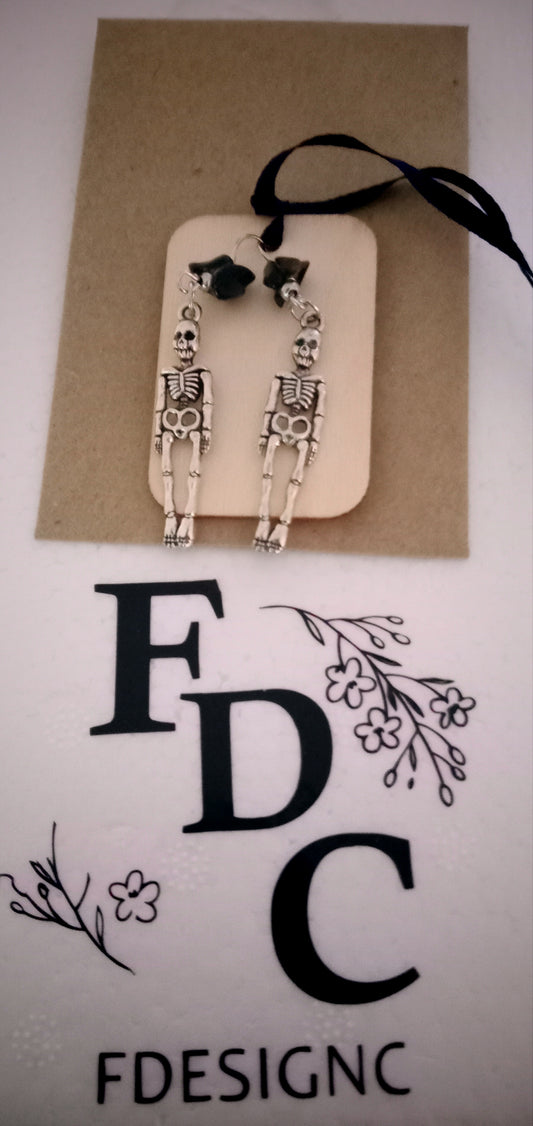 Obsidian skeleton silver earrings