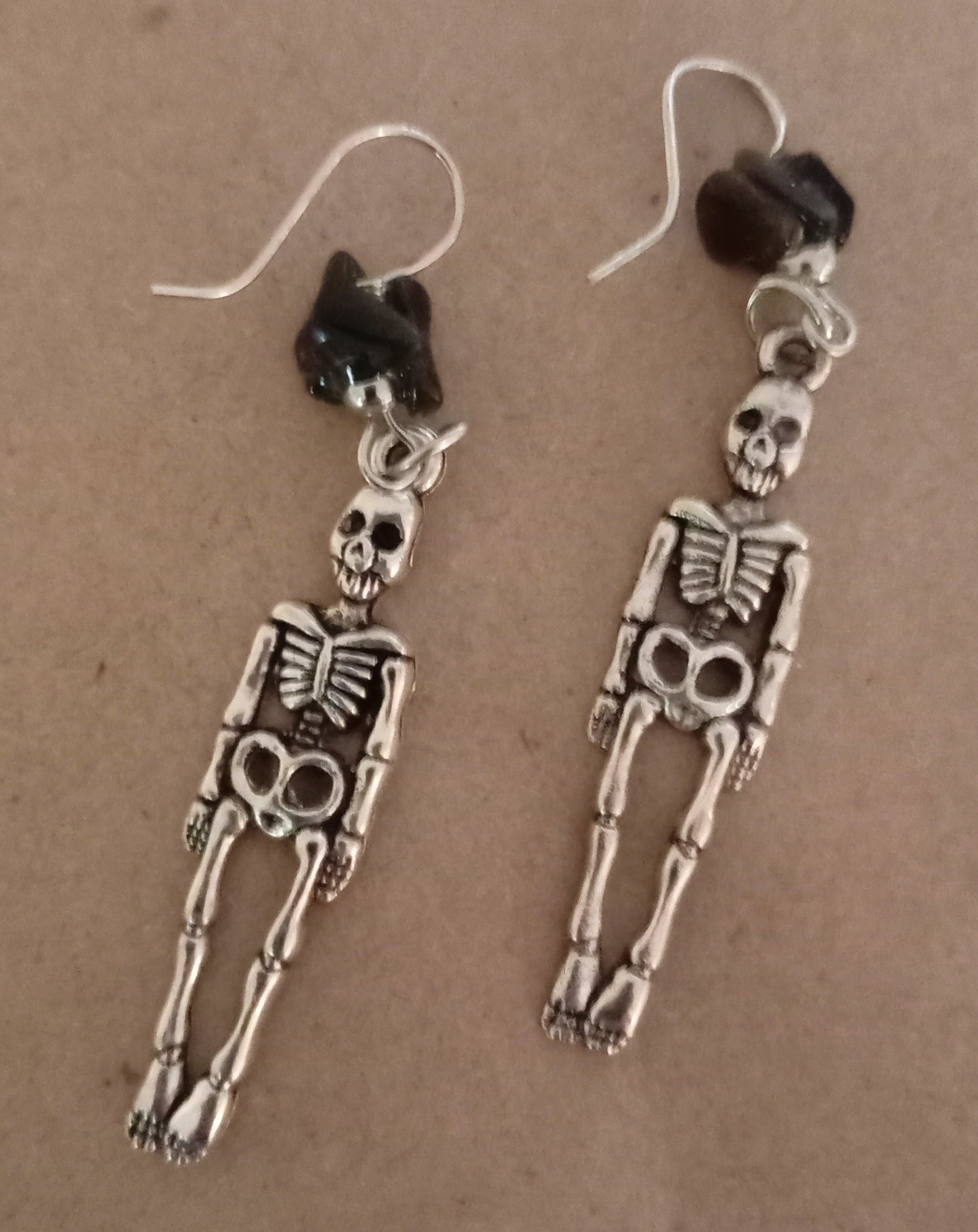 Obsidian skeleton silver earrings