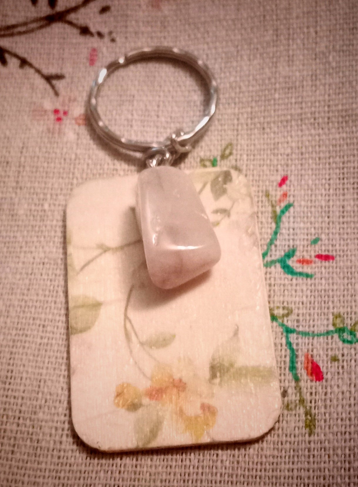 Rose quartz flower keyring in wildflower hessian bag